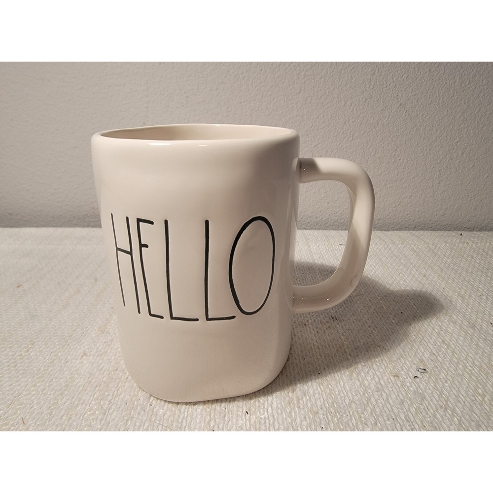 Rae‎ Dunn Artisan Collection Magenta "HELLO" Ivory 18 oz Coffee Mug EUC